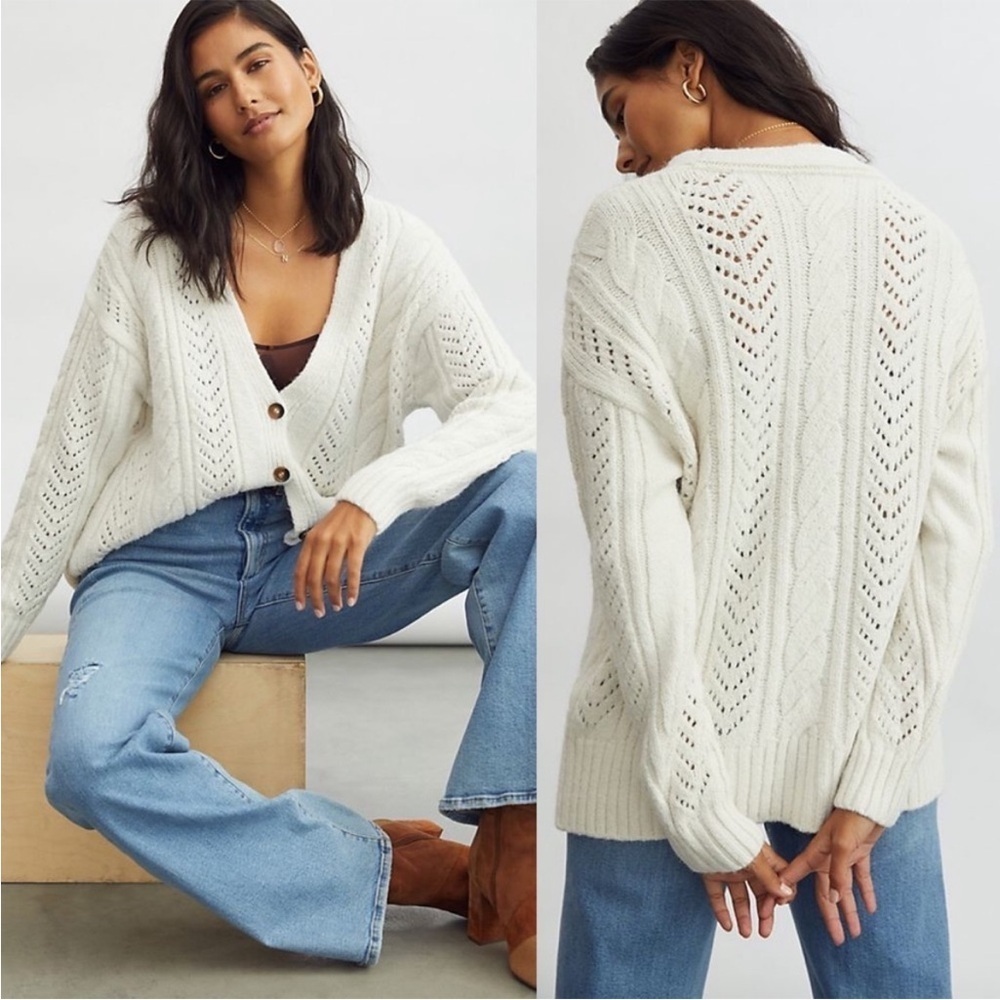 Anthropologie Pointelle Cozy Knit Cream Cardigan size S chic boho cottage core